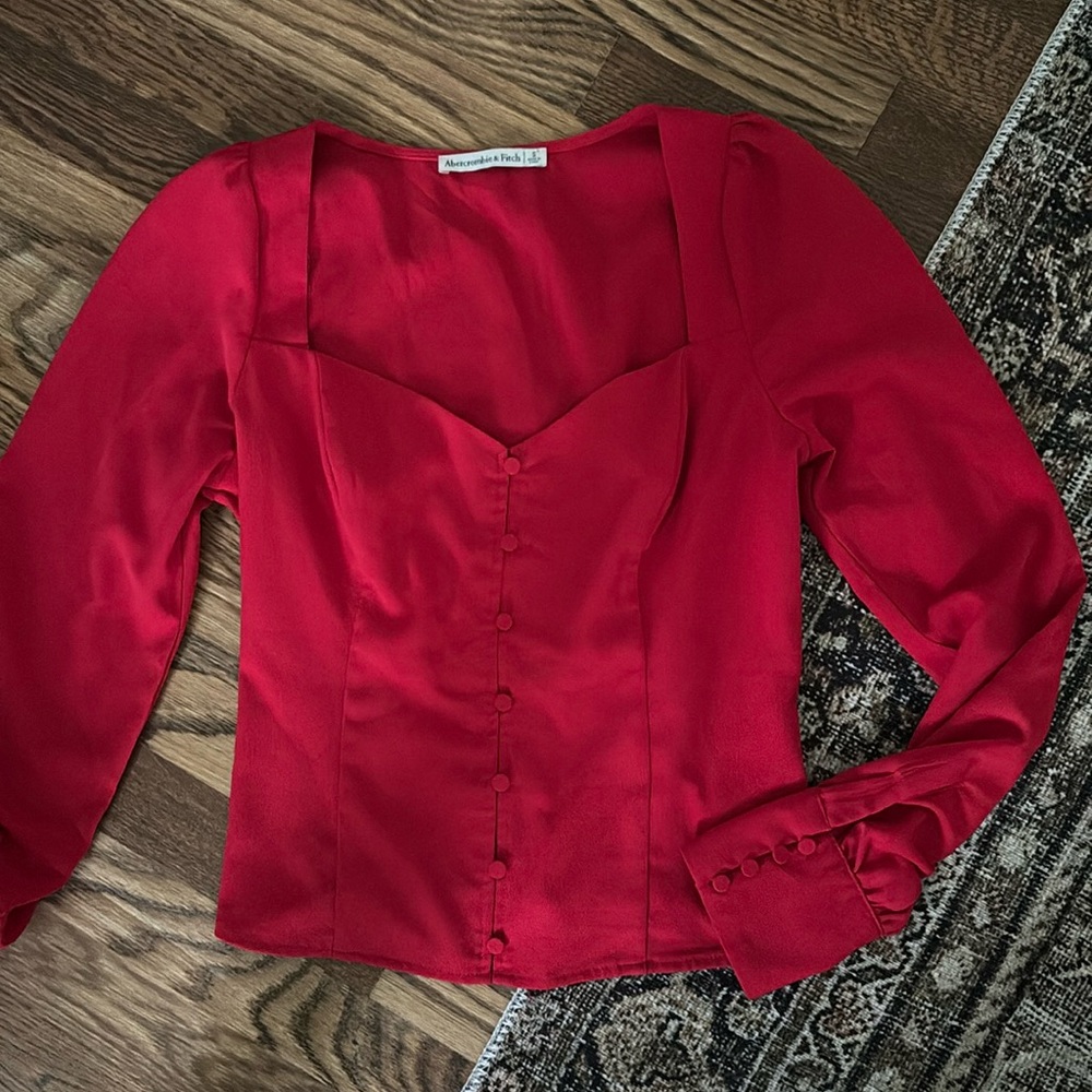 Abercrombie Red Puff Sleeve Button Front Cropped Blouse - Small
